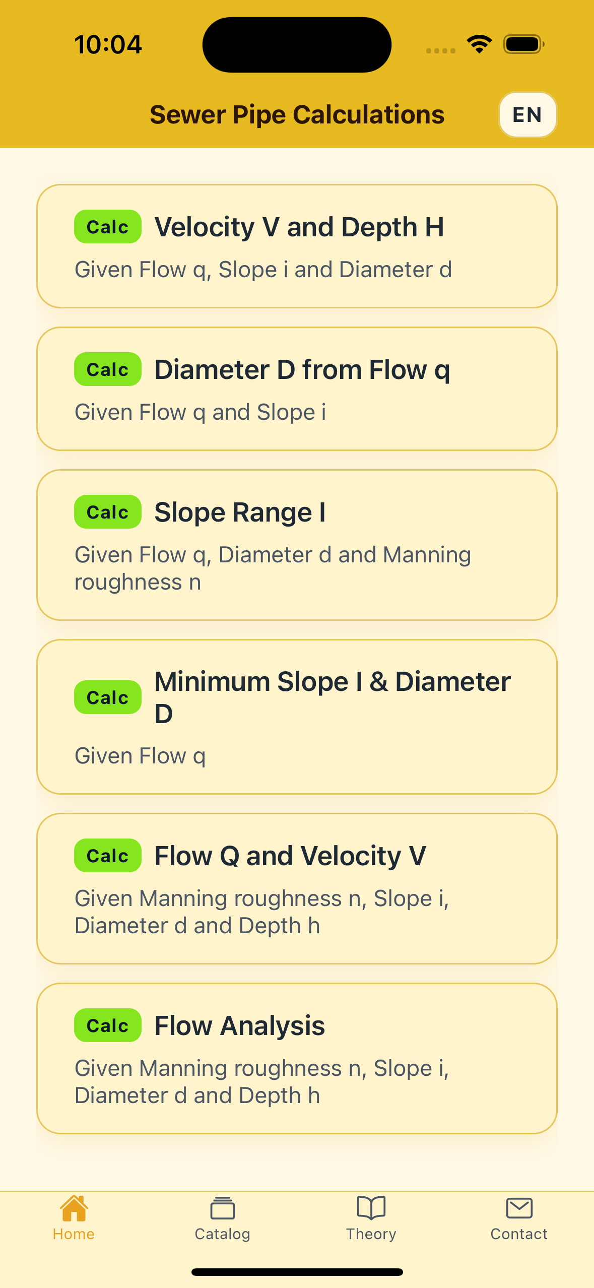 Sewer Pipe Calculator calculation list