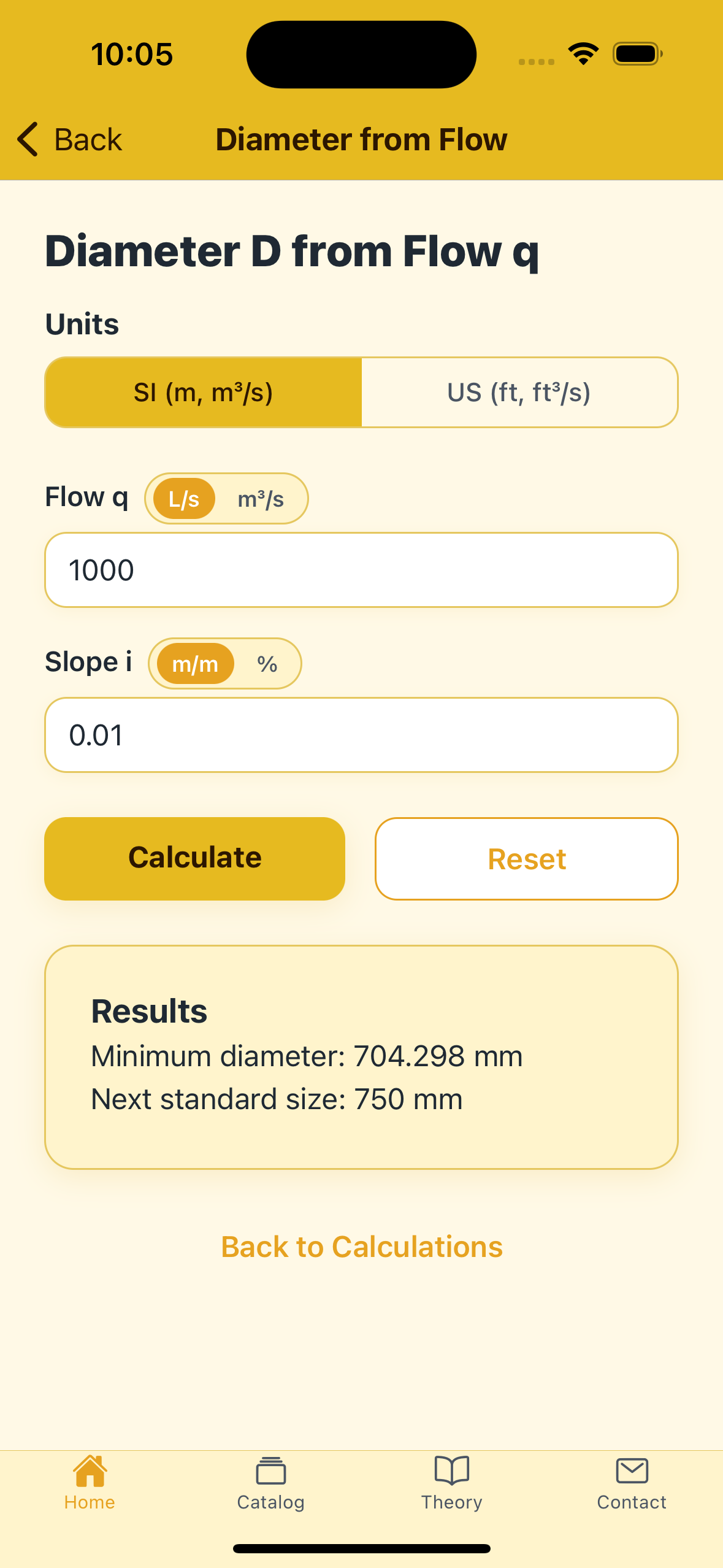A solved calculation with the next standard pipe size
